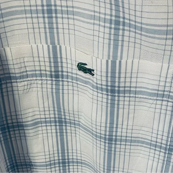 LACOSTE MENS CASUAL BUTTON DOWN SHIRT. BLUE WHITE PLAID SZ 44 P 25 LENGTH 32 EUC - Picture 4 of 6